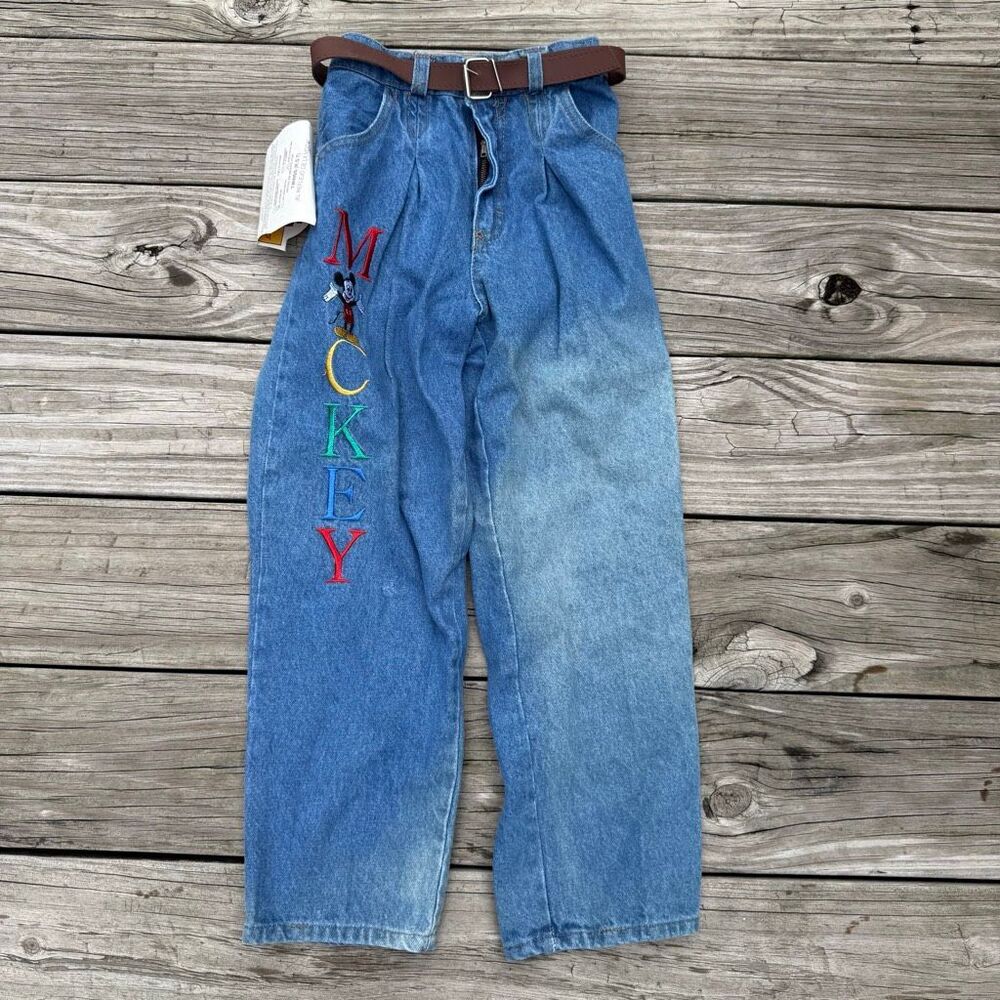 Vintage Mickey Mouse Embossed Letter Kids Jeans Size 10 with Belt